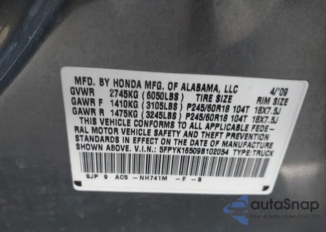 2009 Honda Ridgeline Rtl из США, поврежденный, VIN 5FPYK16509B102054